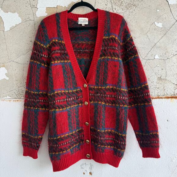 Vtg 90s Susan Bristol Cardigan Sweater Mohair Wool Holiday Plaid Women M Classic - Picture 1 of 8